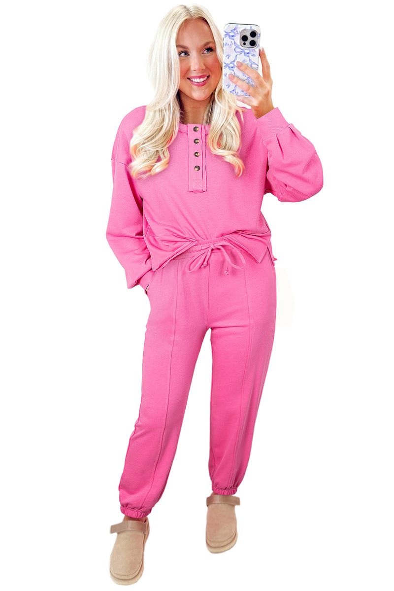 Raw Edge Half Buttons Pullover and Jogger Pants Set
