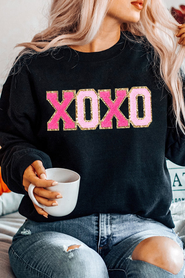 Chenille XOXO Patched Drop Shoulder Valentines Pullover Sweatshirt