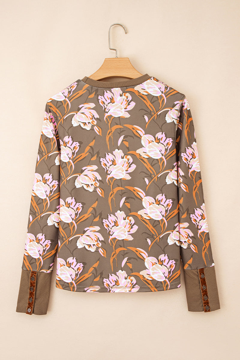 Floral Print Waffle Textured Long Sleeve Top