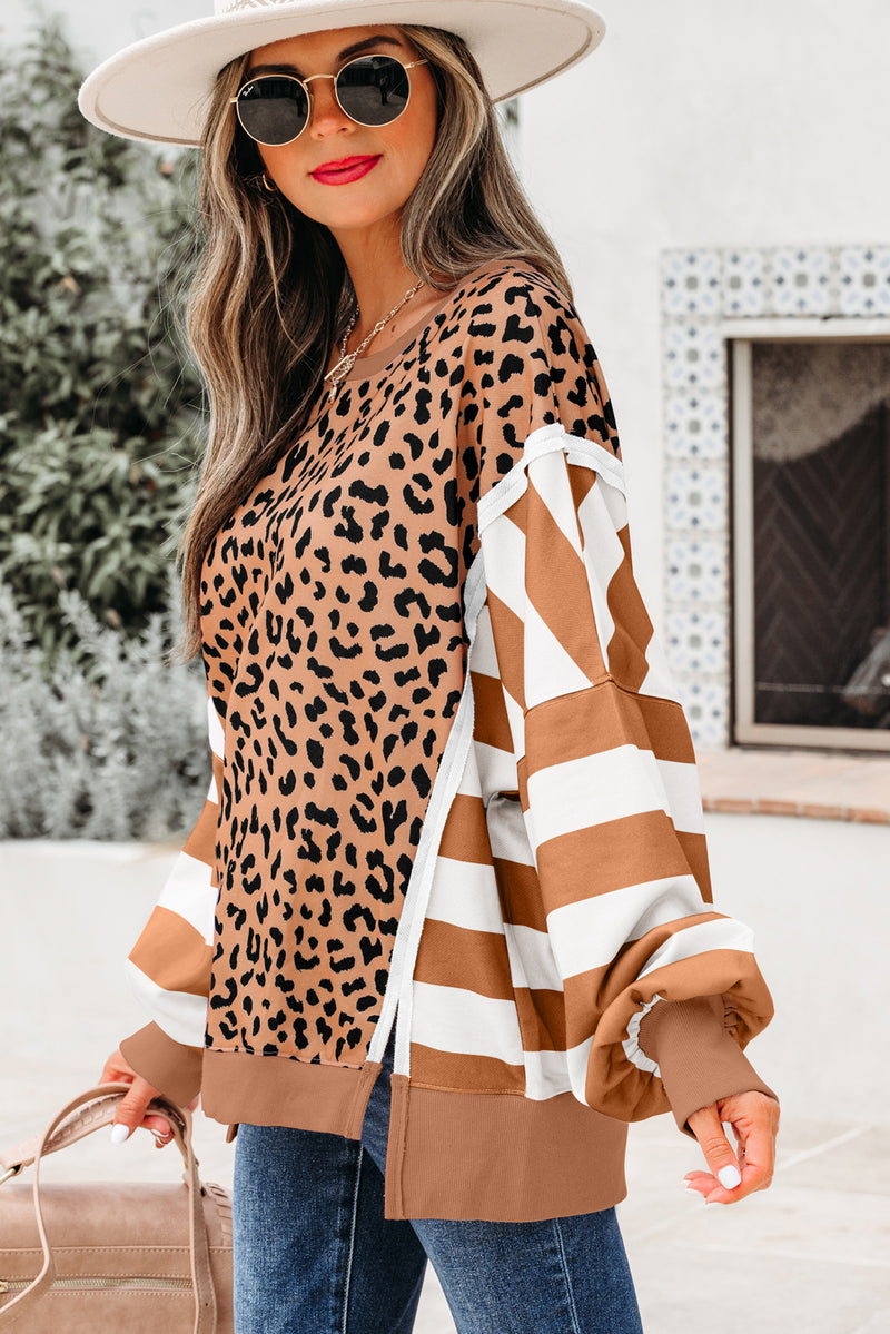 Stripe Color Block Patchwork Leopard Casual Sweatshirt with Slits