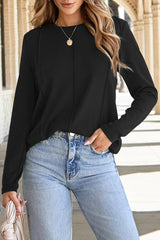 Solid Exposed Seam Crew Neck Long Sleeve Top