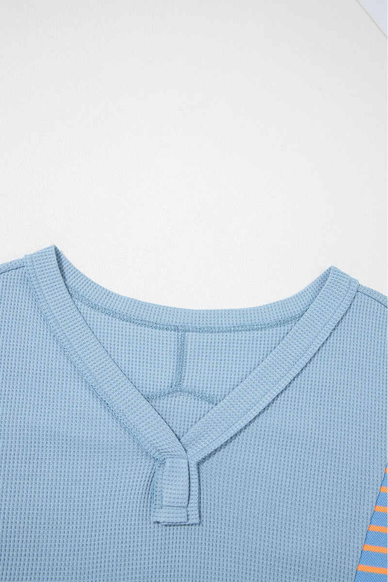 Exposed Seam Waffle Striped Patchwork Baggy Pullover