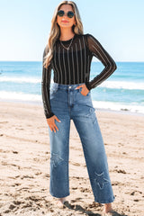 Star Patchwork Cropped Wide Leg High Waist Jeans