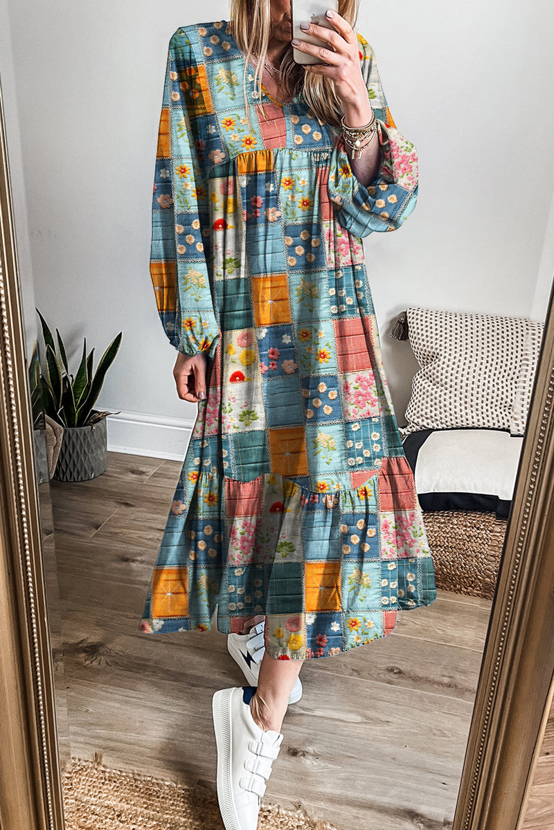 Multicolour Mix Floral Checkered Pattern Bubble Sleeve Ruffle Hem Dress