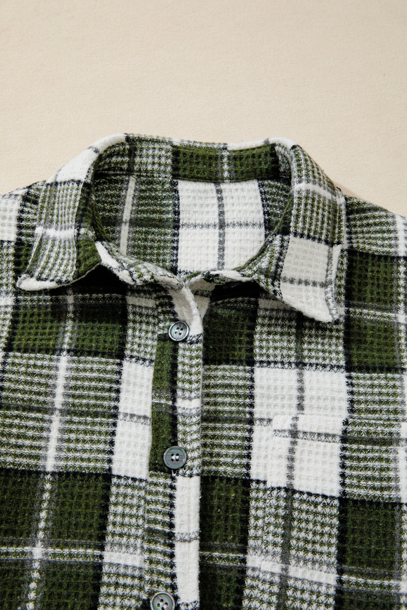Plaid Print Textured Knit Buttoned Shacket