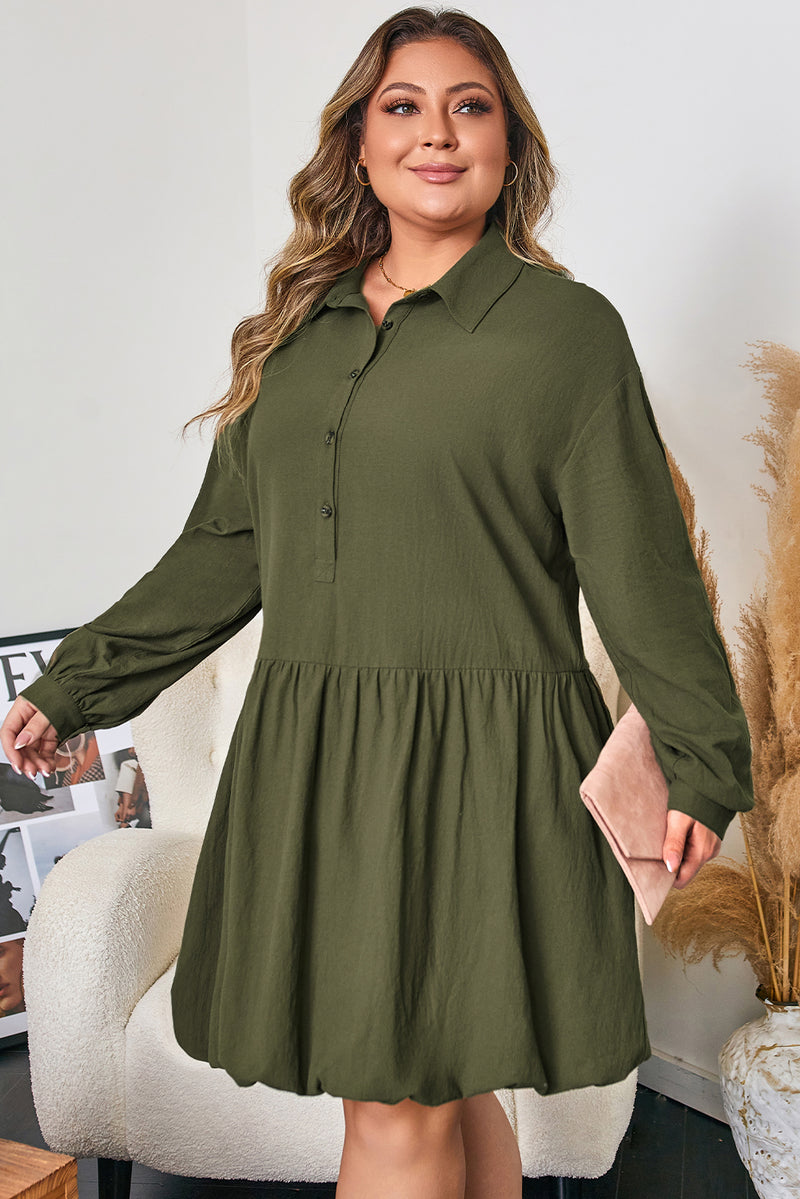 Four Leaf Clover Plus Size Collar Half Button Long Sleeve Ruffle Hem Mini Dress