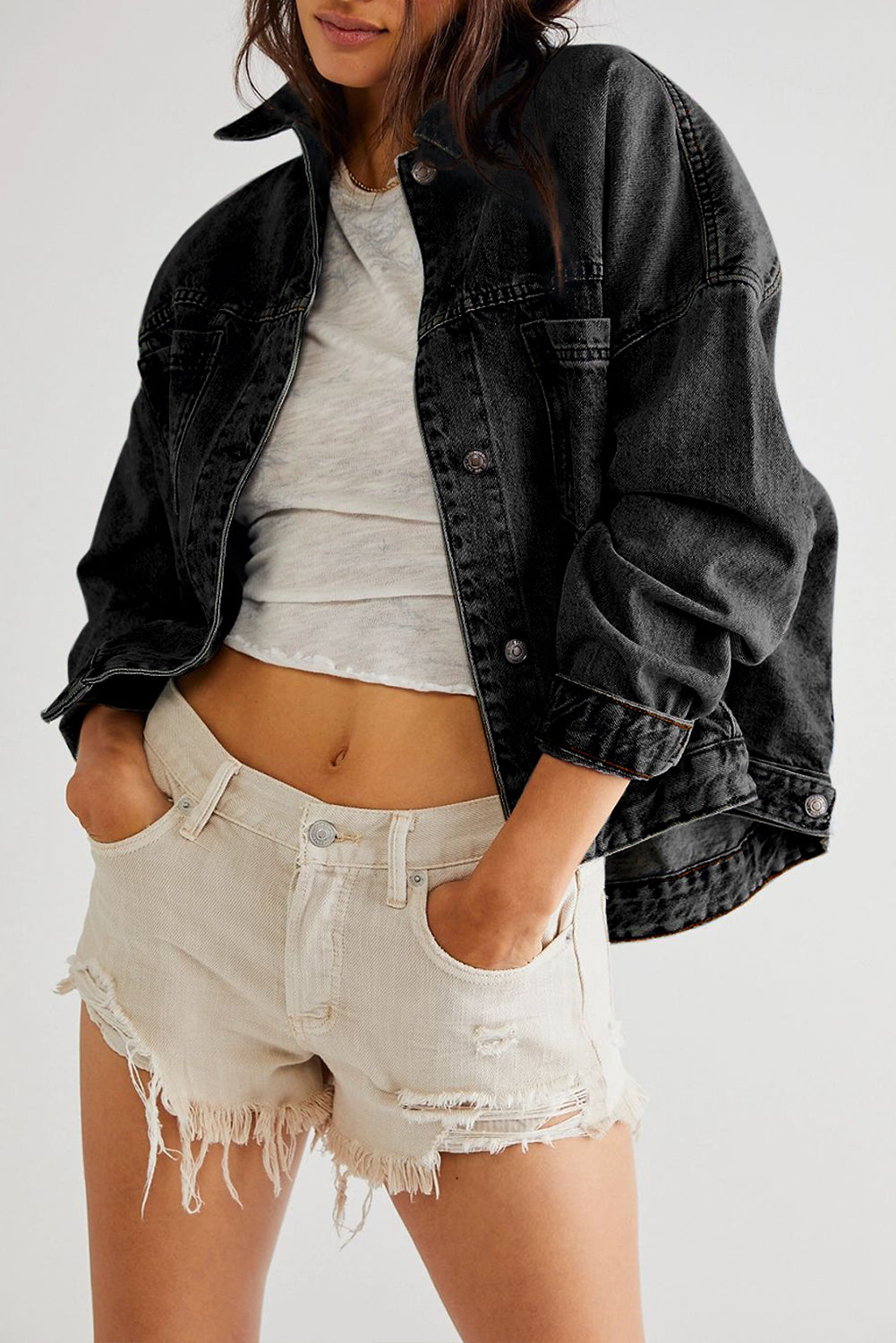Stripe Washed Oversize Pocketed Denim Jacket