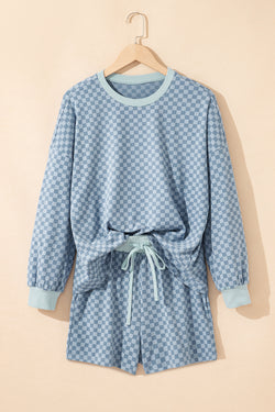 Checkerboard Long Sleeve Pullover and Shorts Set