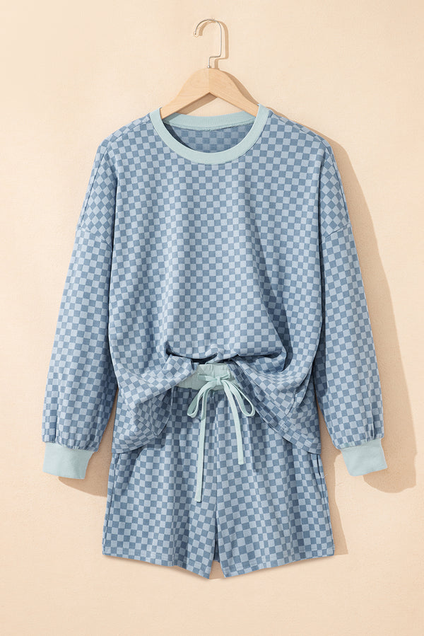 Checkerboard Long Sleeve Pullover and Shorts Set