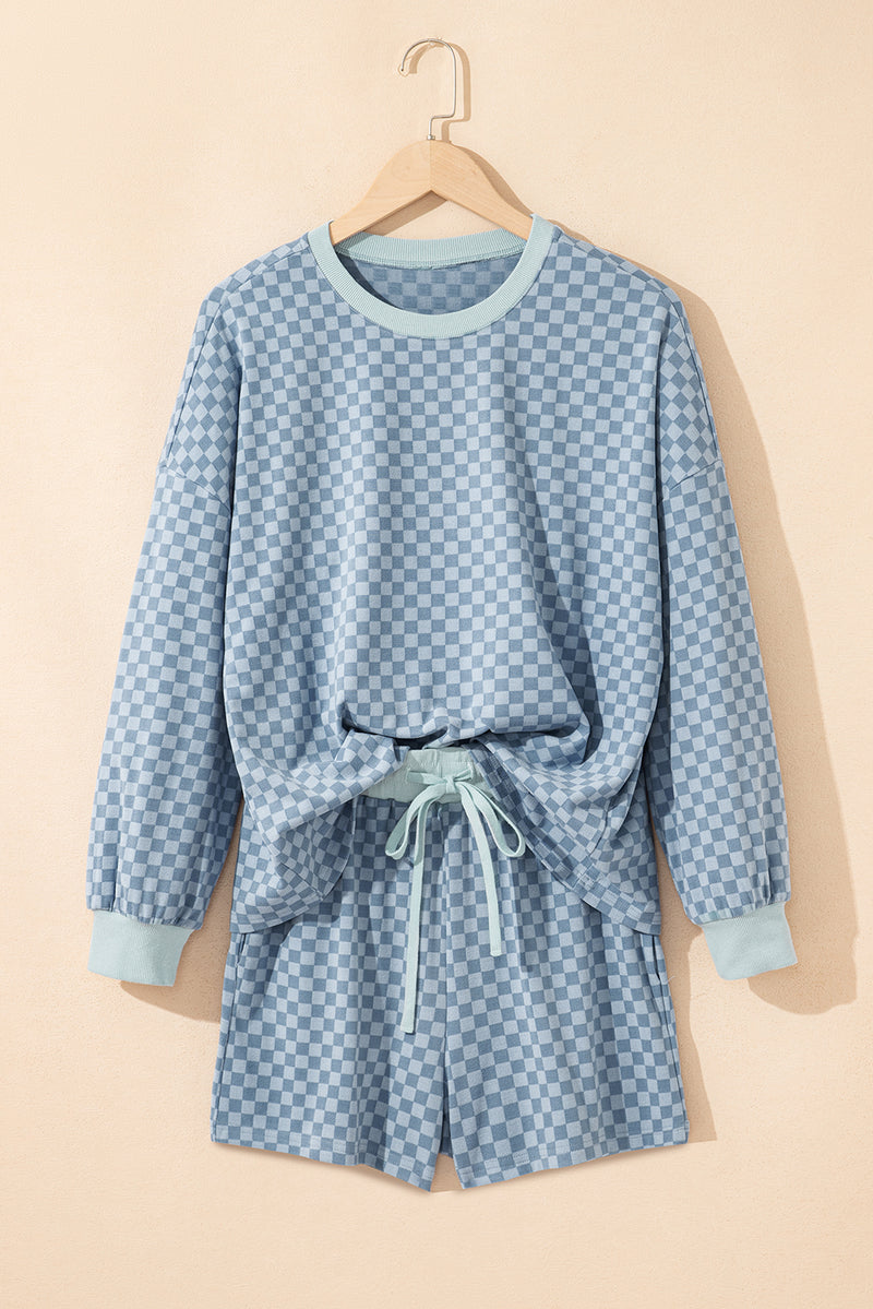 Checkerboard Long Sleeve Pullover and Shorts Set
