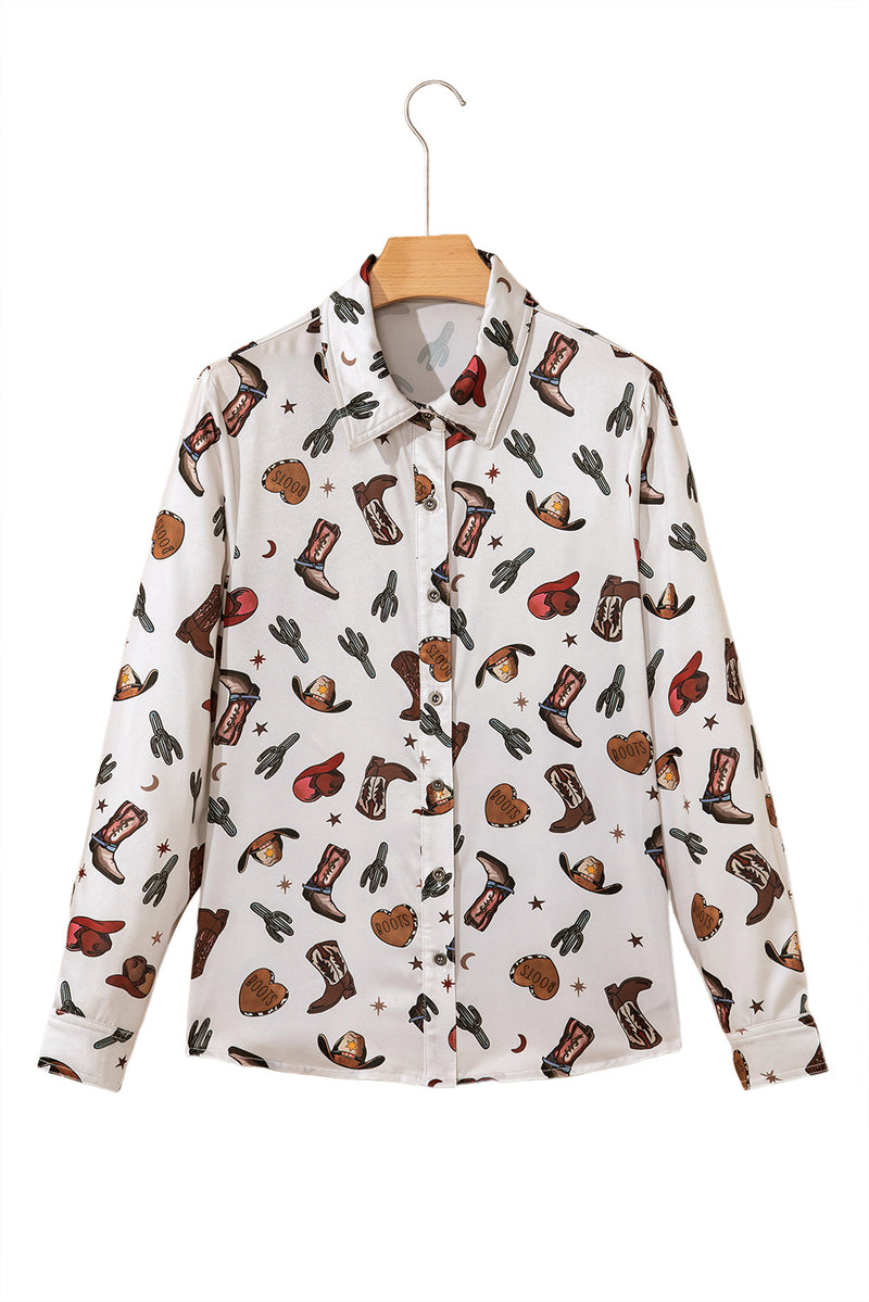 Western Fashion Print Button Up Casual Shirt