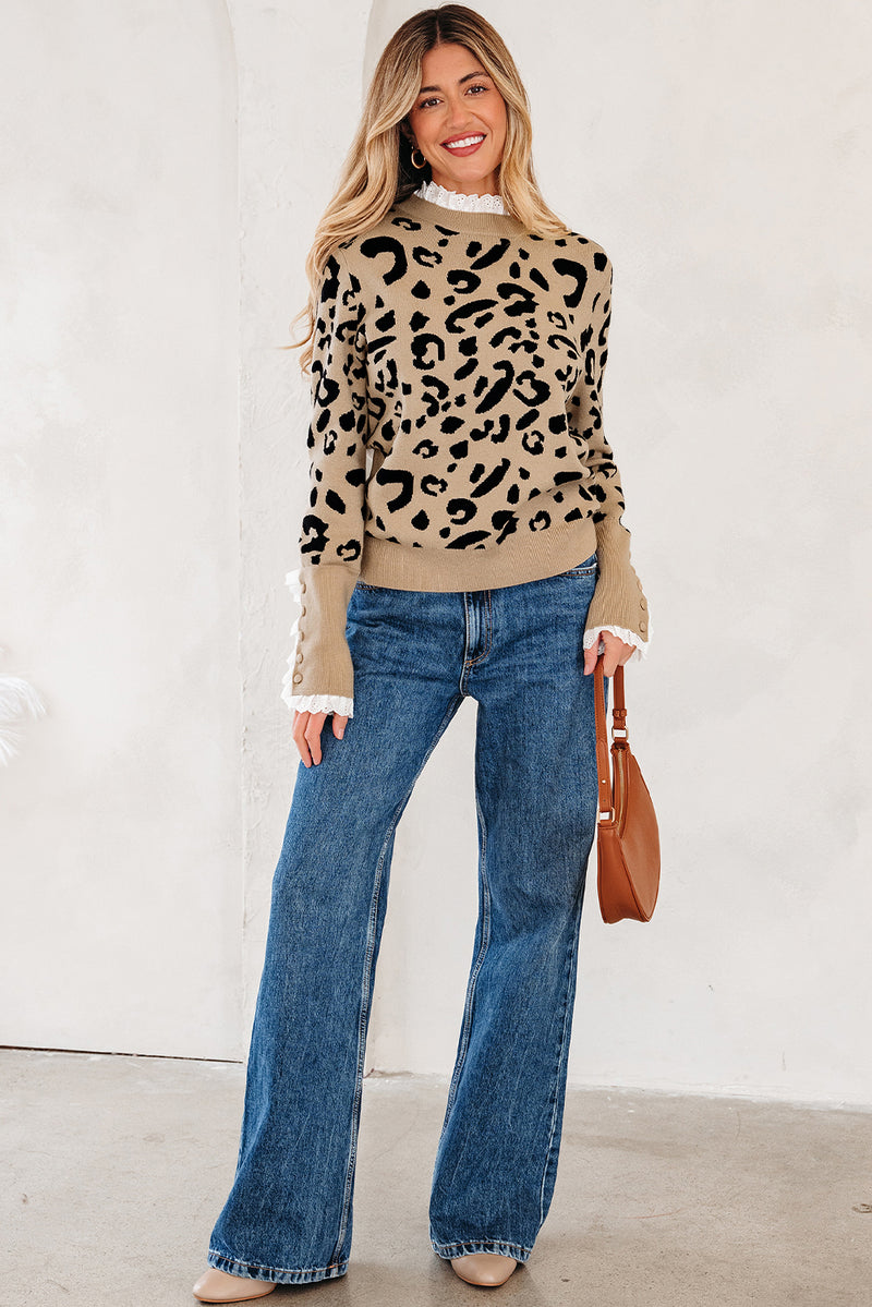 Leopard Pattern Lace Ribbed Detail Button Cuffed Sweater