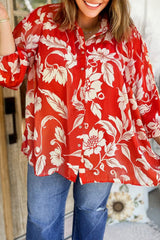 Plus Size Floral Print Loose Button Up Shirt