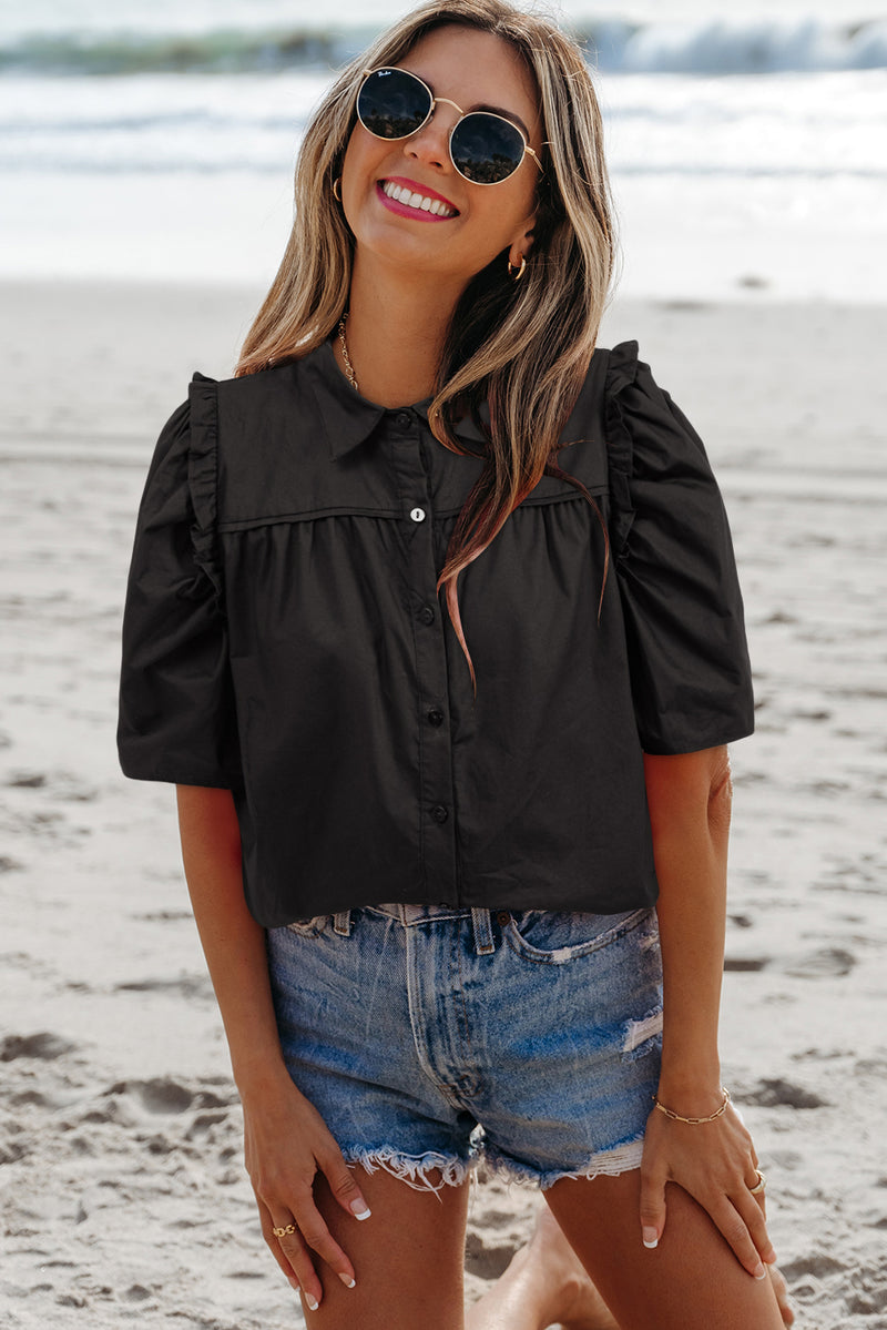 Frilly Puff Sleeve Stylish Collared Shirt