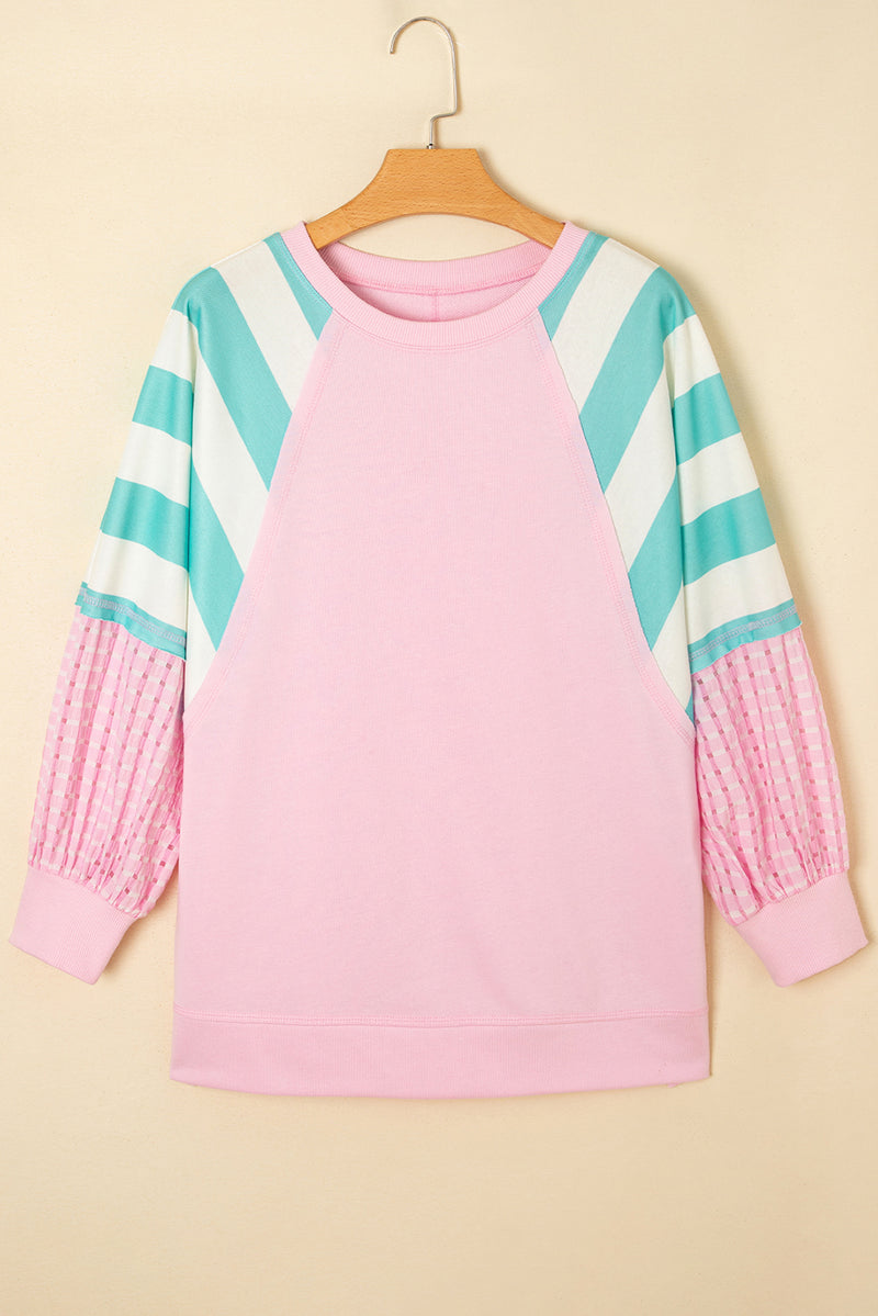 Striped Colorblock Patchwork Raglan Pullover Top with Slits