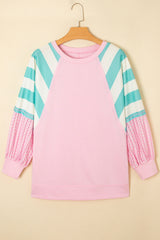 Striped Colorblock Patchwork Raglan Pullover Top with Slits