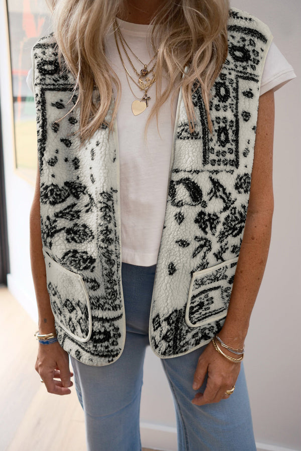 Sherpa Paisley Print Pocketed Western Fashion Vest Jacket