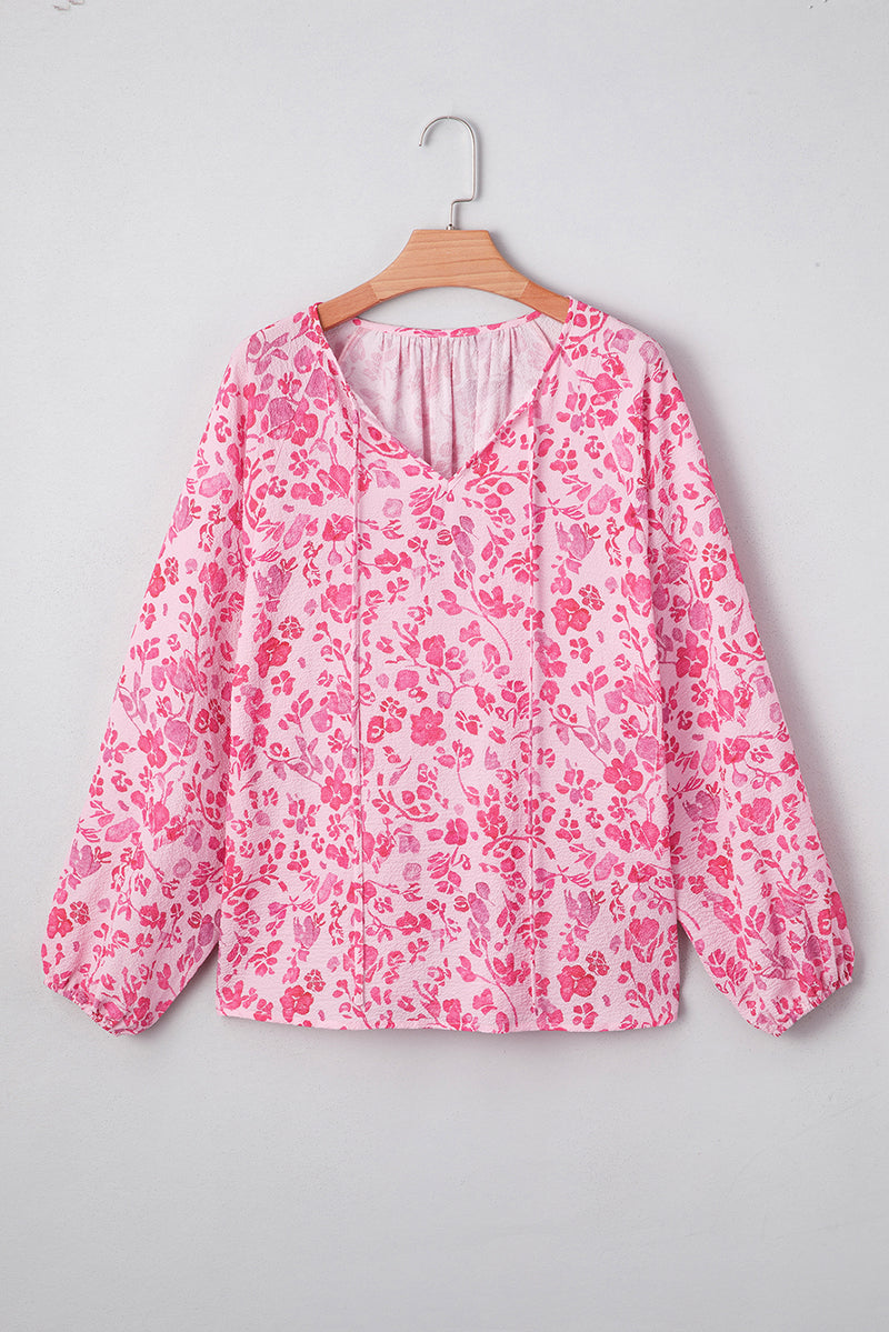 Floral Puff Sleeve Split Neck Lightweight Blouse