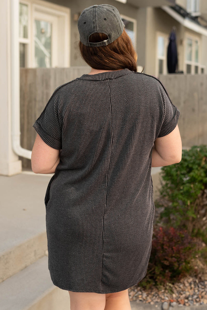 Corded V Neck Plus Size T Shirt Dress with Pockets