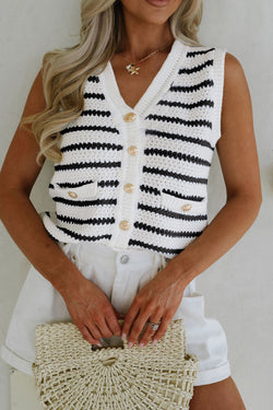 Stripe V Neck Gold Buttons Elegant Sweater Vest