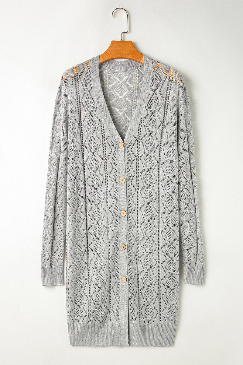 Solid Hollow Out Buttons Front Long Cardigan