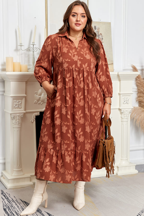 Plus Size Textured 3D Flower Pattern Ruffle Hem 3/4 Sleeve Long Dress