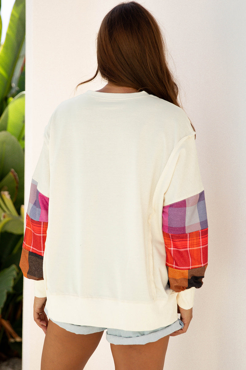 Contrast Plaid Long Sleeve Exposed Seam Patchwork Top