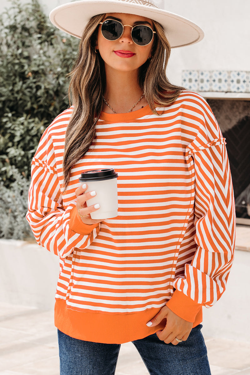 Stripe Exposed Seam Drop Shoulder Casual Pullover Top