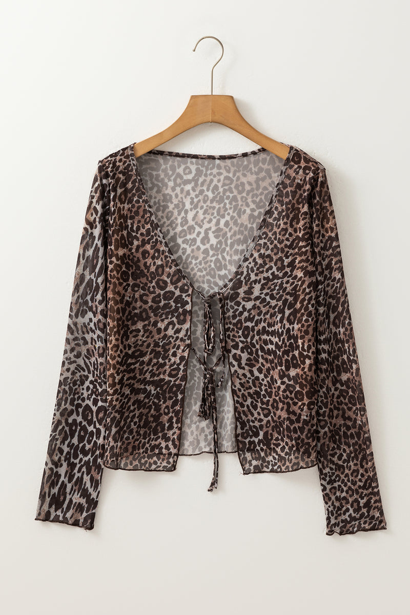 Multicolour Leopard Sheer Mesh Long Sleeve V Neck Lace-up Blouse