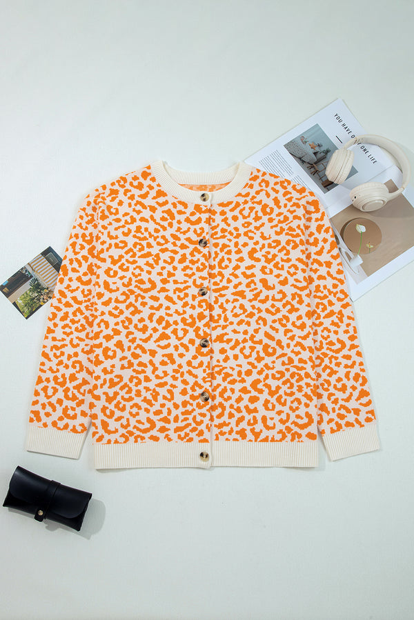 Leopard Drop Shoulder Chunky Knitted Cardigan Sweater