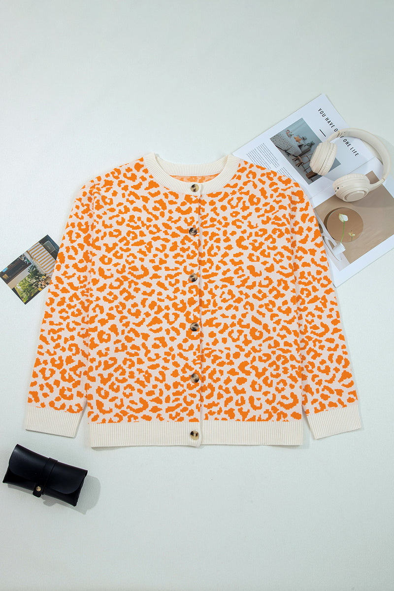 Leopard Drop Shoulder Chunky Knitted Cardigan Sweater