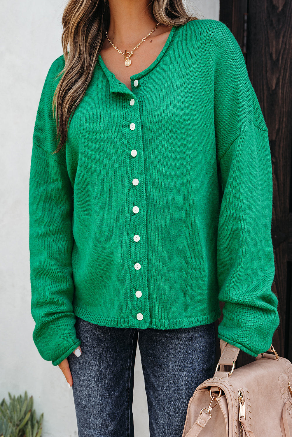 Solid Color Knit Button Drop Shoulder Sweater Cardigan
