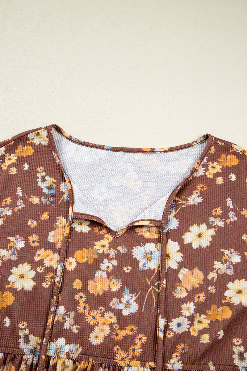 Floral Textured Tied Neck Long Sleeve Plus Size Babydoll Blouse