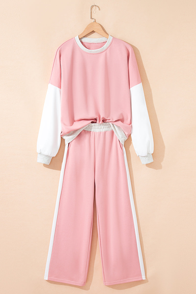 2pcs Color Block Pullover Loose Pant Set