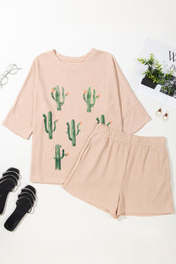 Light French Cactus Forest Waffle Half Sleeve Tee Short Set