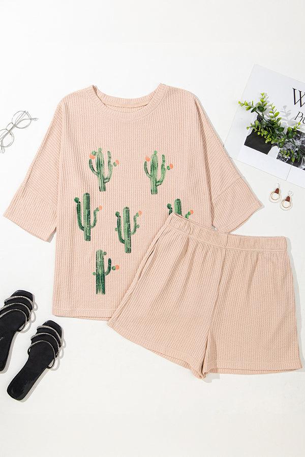 Light French Cactus Forest Waffle Half Sleeve Tee Short Set