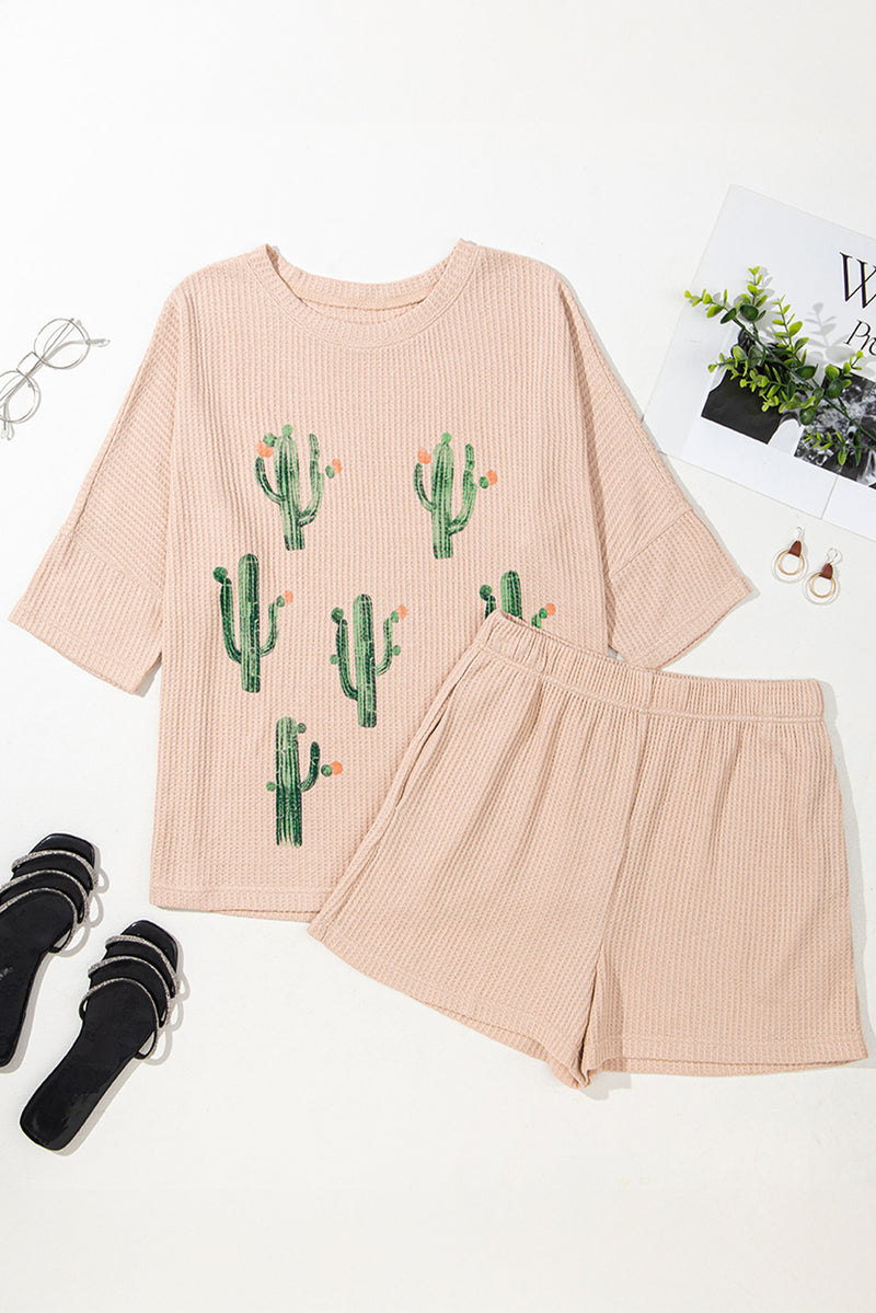 Light French Cactus Forest Waffle Half Sleeve Tee Short Set