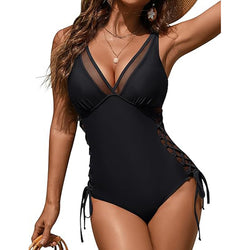 One Piece Swimsuit Sexy Mesh V Neck Tummy Control Swimwear With Drawstring