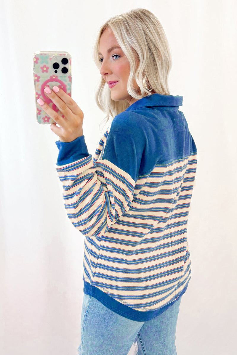Stripe Buttoned V Neck Collared Drop Shoulder Top