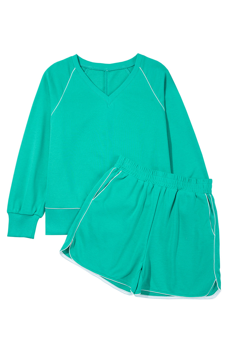 Colorblock Trim V Neck Pullover Top and Shorts Set