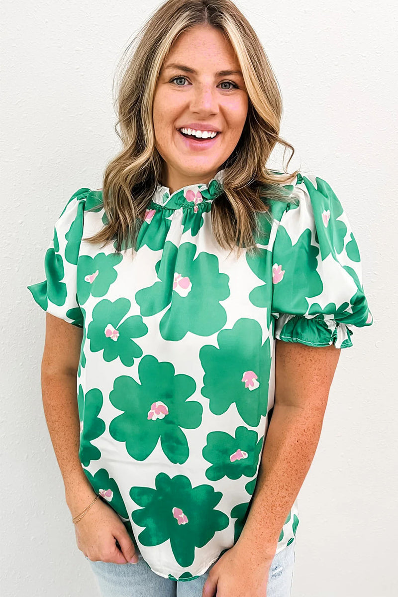 Style in Comfort Floral Puff Sleeve Frill Neckline Blouse