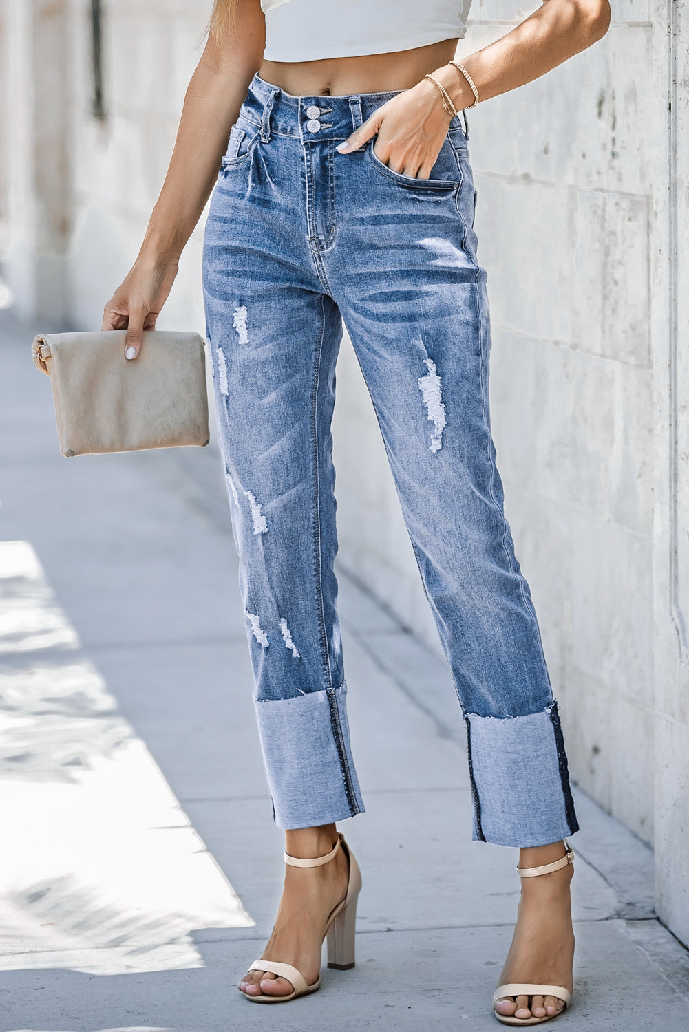 High Waist Distressed Straight Leg Jeans
