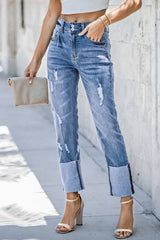 High Waist Distressed Straight Leg Jeans