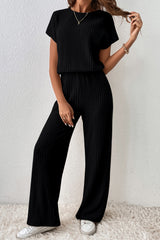 Solid Ribbed Keyhole Short Sleeve Wide Leg Jumpsuit