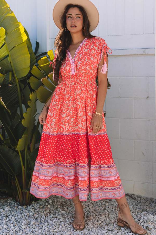 Floral Print Tasseled Tied Sleeve Empire Waist Maxi Dress