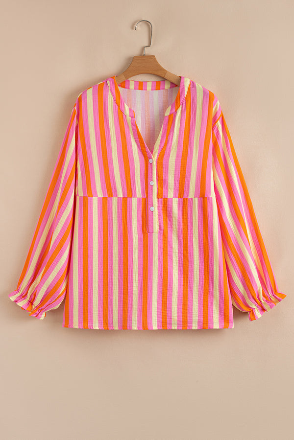 Stripe Crinkled Half Buttons V Neck Plus Size Blouse