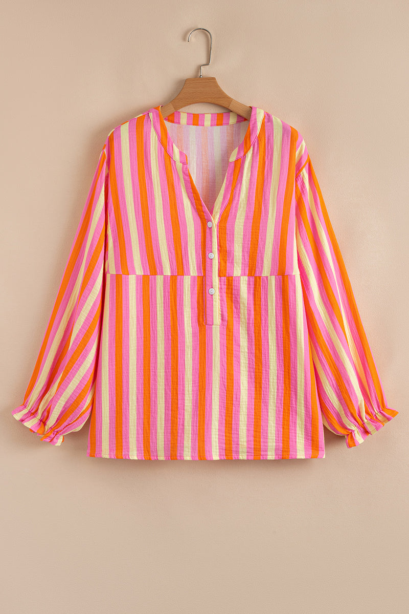 Stripe Crinkled Half Buttons V Neck Plus Size Blouse