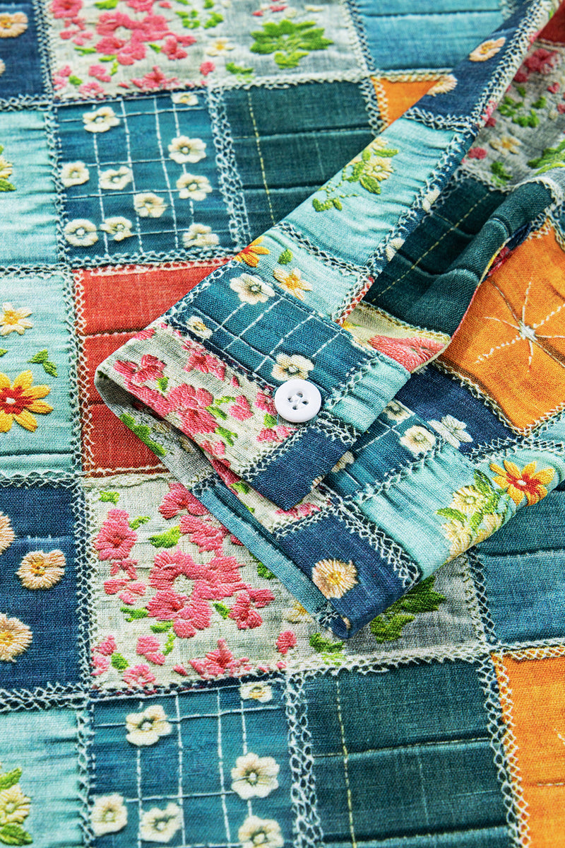 Multicolour Floral Collared V Neck Roll up Sleeve Shift Blouse