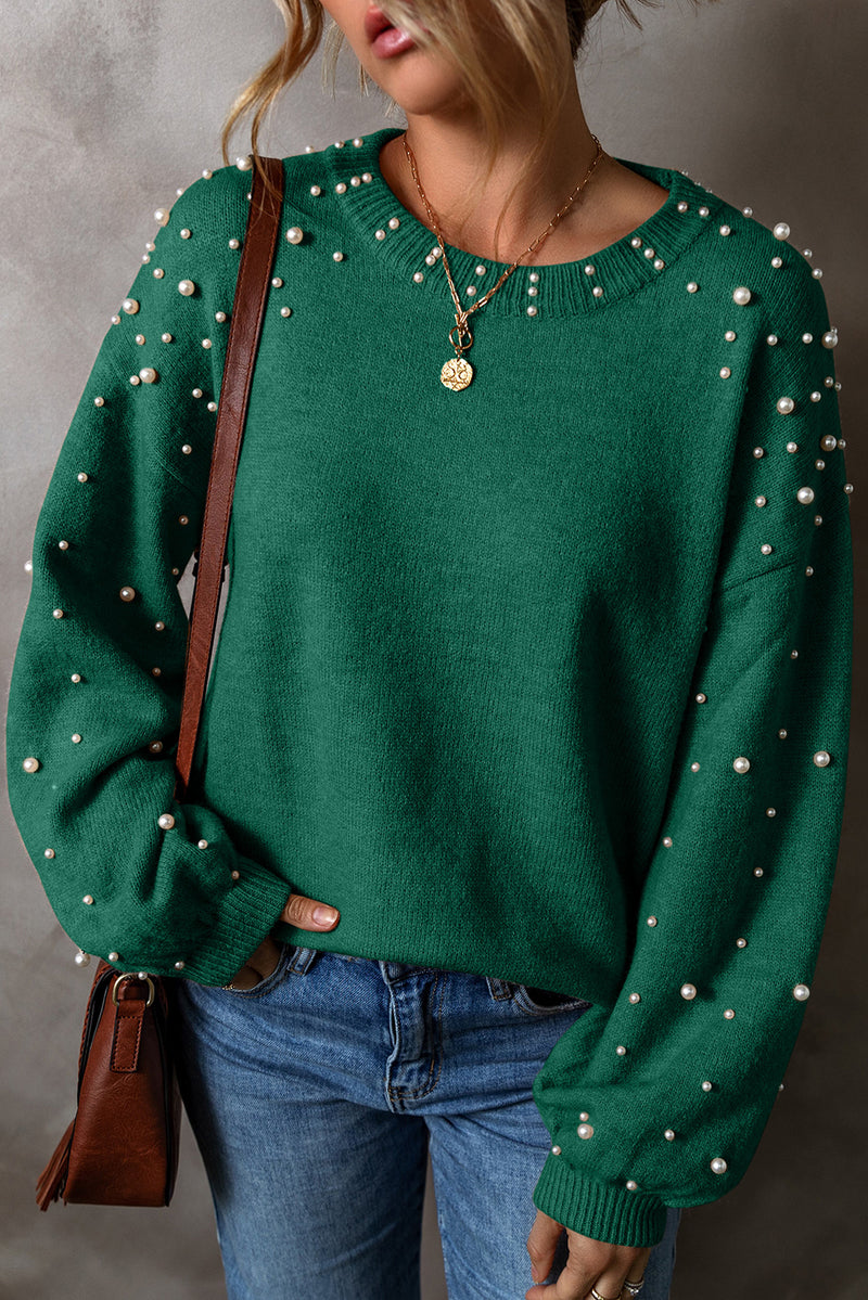 Solid Pearled Drop Shoulder Round Neck Sweater