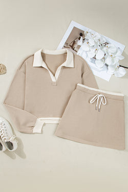 Edge Detail Colorblock Patchwork Cropped Pullover Drawstring Skirt Set